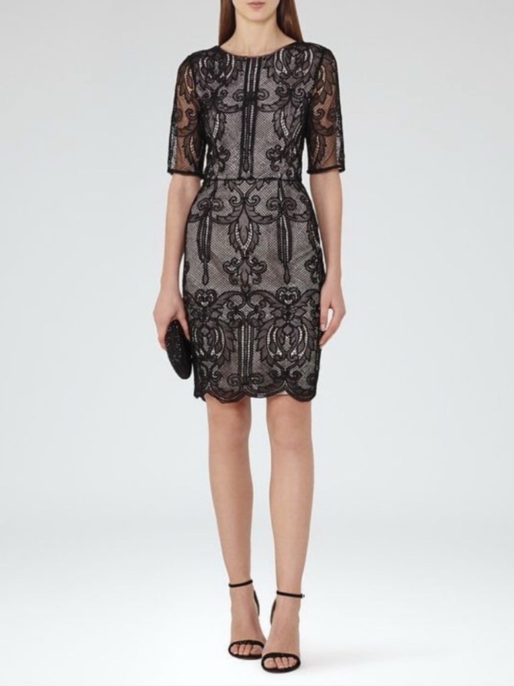 REISS Zola Lace Sheath Dress Size 8 Black Cream Neutral